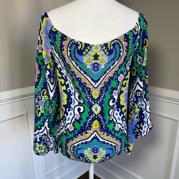 Alice & Trixie Blue Green Vibrant Off Shoulder 100% Silk Blouse Size XS - Picture 2 of 4